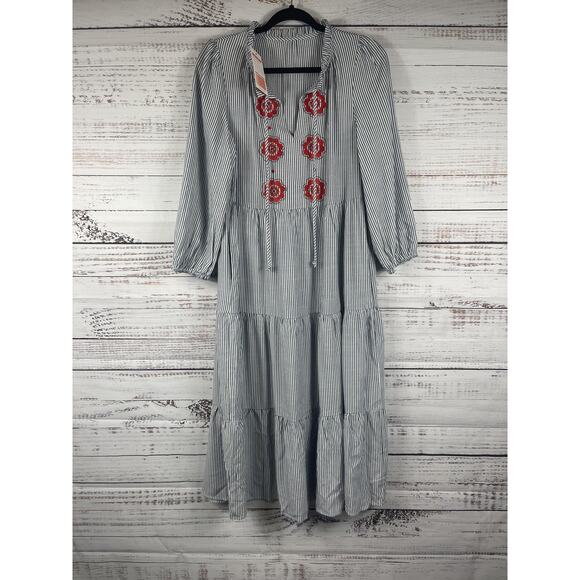 New Collection Dresses & Skirts - New Collection Dress Womens Small Blue Stripe Embroidered Floral Boho Swing Maxi